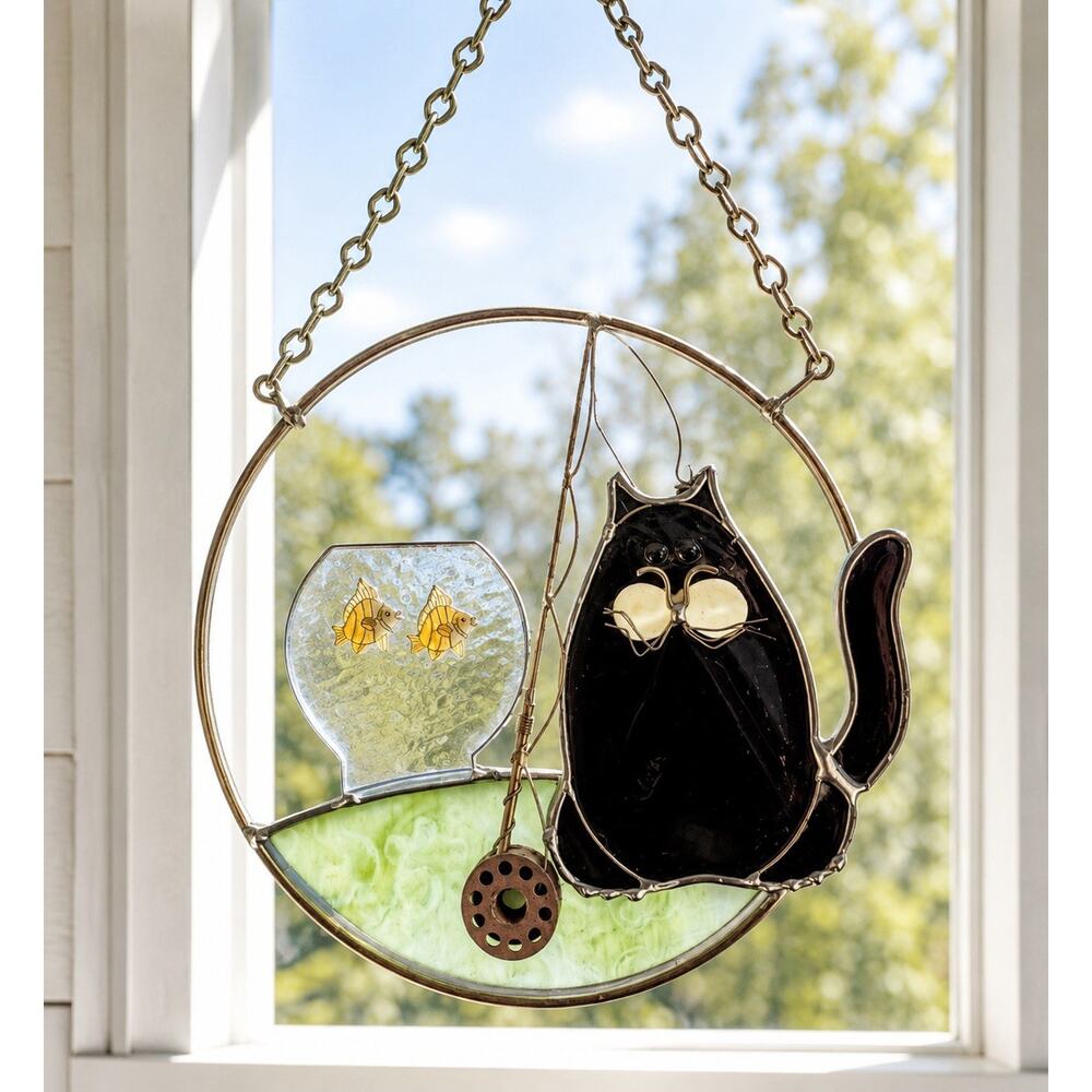 Primitive Black Cat Sun Catcher Stained Glass Window Fish Bowl Handmade 6 INCH - Picture 1 of 14